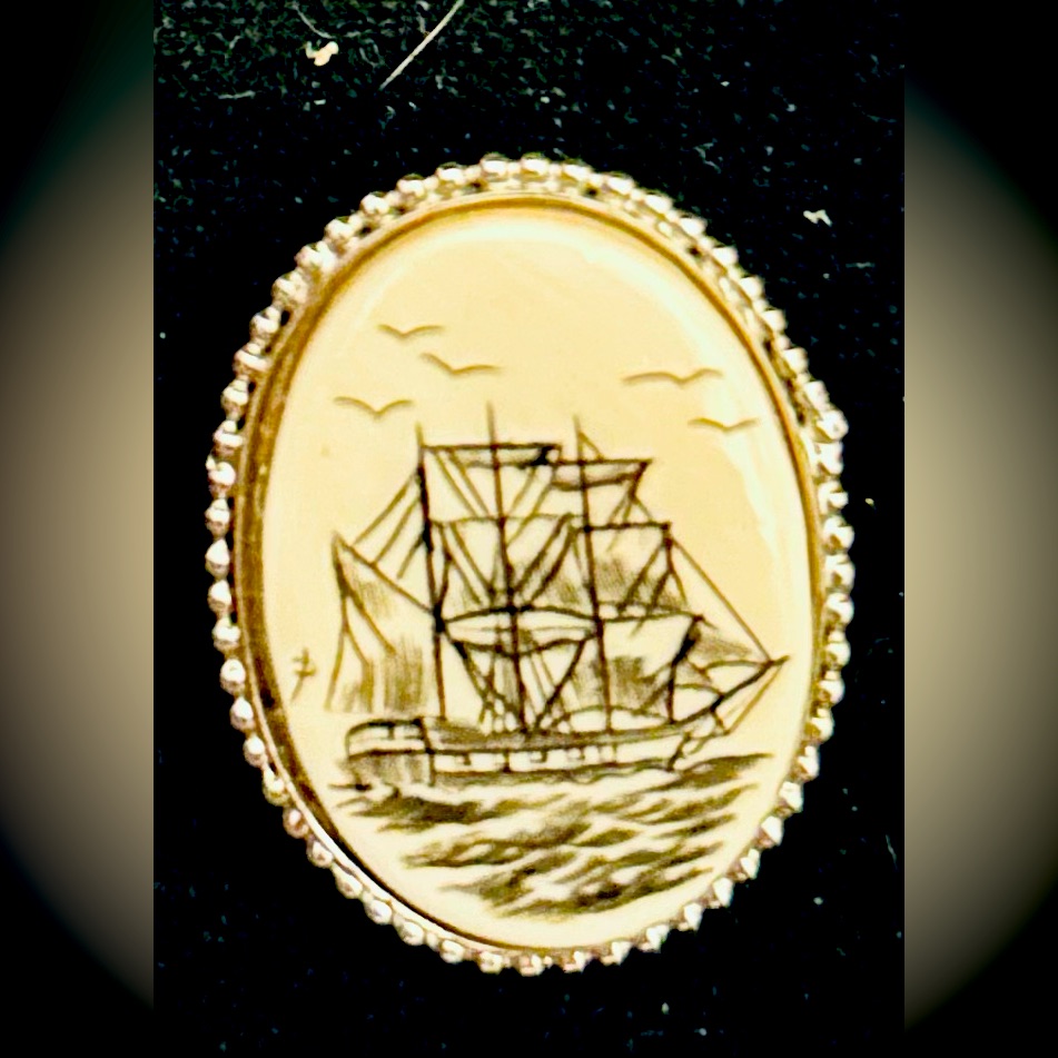 Antique 925 Silver Verna Scrimshaw Ship Pin
